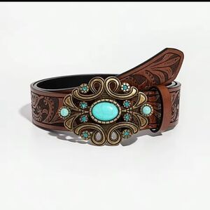 New Womens Brown Leather Belt with Turquoise Accented Buckle sz 48in #964-464